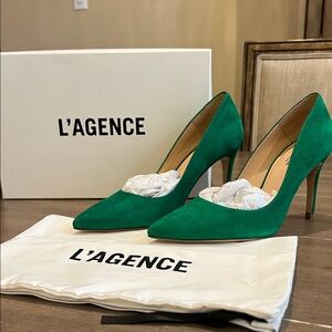 L'AGENCE Green Suede Pointed-Toe Stiletto Pumps